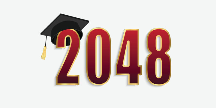 2048 red and gold numbers with graduation hat. vector illustration