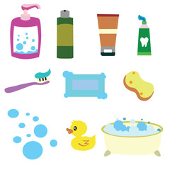 Bathroom elements SET. Vector cartoon bathroom interior furniture and accessories