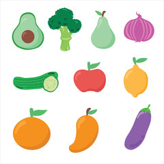 Set of colorful fruit icons Avocado, Broccoli, Peach, Cucumber, Apple, Mango, Lemon, Eggplant, Fragrant