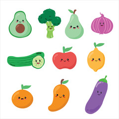 Set of colorful fruit icons Avocado, Broccoli, Peach, Cucumber, Apple, Mango, Lemon, Eggplant, Fragrant