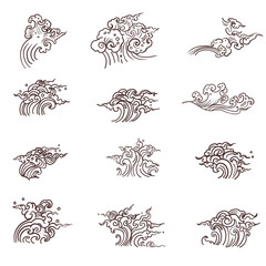Line Thai wave tattoo.Japanese wave vector set and thai style.