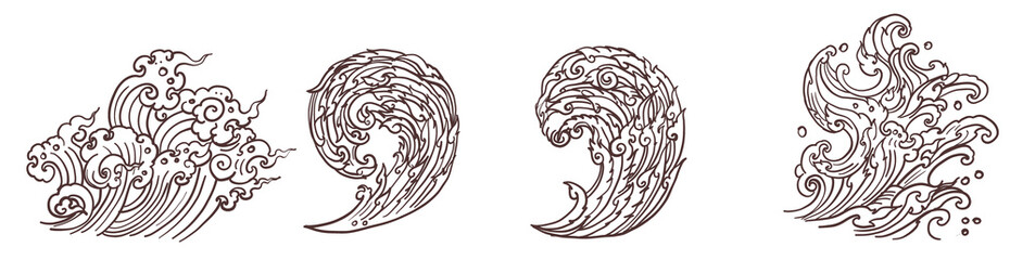 Line Thai wave tattoo.Japanese wave vector set and thai style.