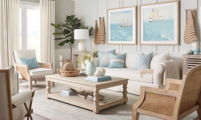  a living room filled with furniture and a painting on the wall above the couch and a coffee table with a vase on top of it.  generative ai