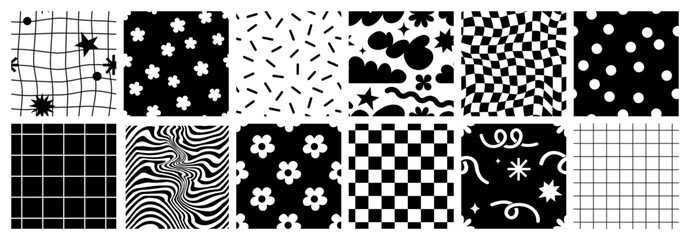 Cute cartoon flower and vase seamless pattern set. Daisy floral organic form and other elements in trendy playful cartoon style. Vector chessboard and abstract background.