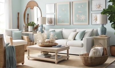 Fototapeta premium a living room filled with furniture and a large mirror on the wall above the couch and a table with a basket on top of it. generative ai