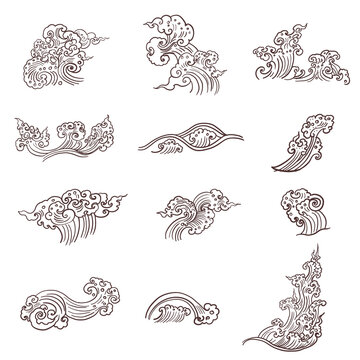Line Thai wave tattoo.Japanese wave vector set and thai style.