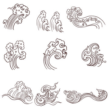 Line Thai wave tattoo.Japanese wave vector set and thai style.