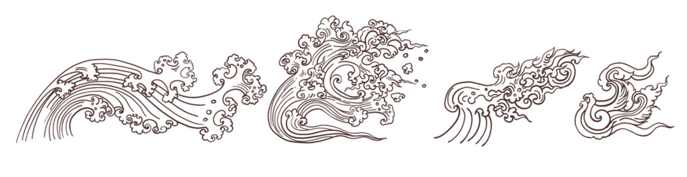 Line Thai wave tattoo.Japanese wave vector set and thai style.