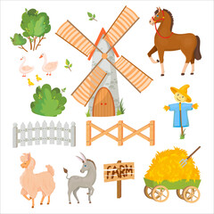 Donkey, Horse, Llama or Alpaca, Sheep, Cow, Goat and Pig. Farm animals and buildings. Mill. Barn. Cattle breeding Vector illustration isolated on white background.