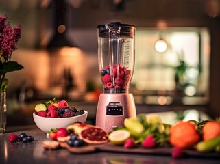 Fototapeta na wymiar Luxury kitchen with a mix of healthy fruits and a smoothie blender Generative AI Illustration