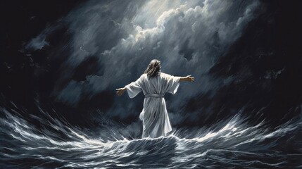 Painting of Jesus walking on water the miracle according to the gospel Generative AI Illustration - obrazy, fototapety, plakaty