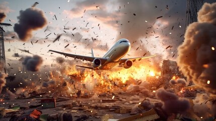 Aeroplane taking off from a war zone being bombed with explosions Generative AI Illustration