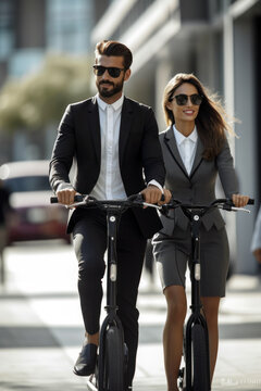 Full body of confident male and female managers in smart casual outfit and sunglasses riding electric bicycles on city street