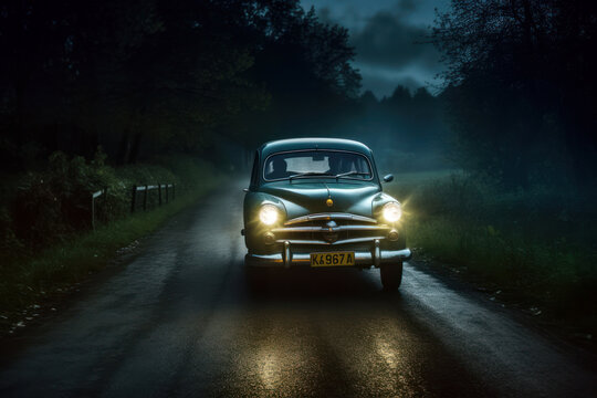 vintage car driving on asphalt road among green trees at night with lights on