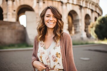 Fototapeta premium Portrait of a smiling young woman in front of Colosseum in Rome, Italy