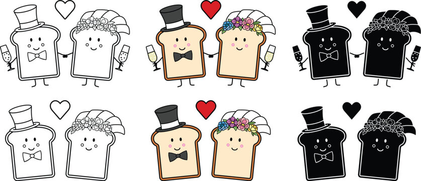 Naklejki Cute Wedding Toast Pun Bride & Groom Clipart Set - Outline, Silhouette & Color