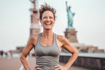 Fototapeta na wymiar Lifestyle portrait photography of a cheerful woman in her 40s that is wearing a sporty tank top in front of the Statue of Liberty in New York USA . Generative AI