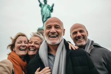 Portrait of happy senior couple with their family in front of statue of liberty