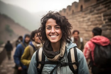 Close-up portrait photography of a grinning woman in her 30s that is smiling with friends at the Great Wall of China in Beijing China . Generative AI