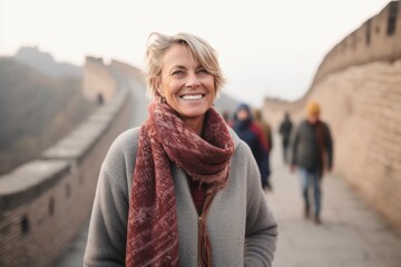 Portrait of happy senior woman on Great Wall in Beijing, China