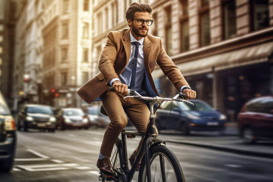 Stylish businessman riding bicycle on street