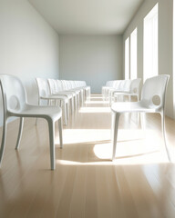 Fototapeta premium White lined up chairs in an empty white room. Generative AI