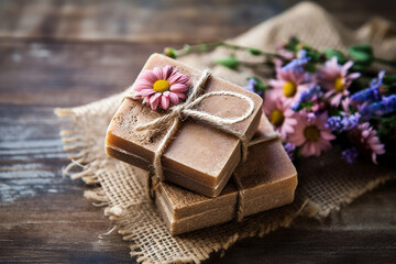 Bars of handmade natural soap with herbs, AI Generated