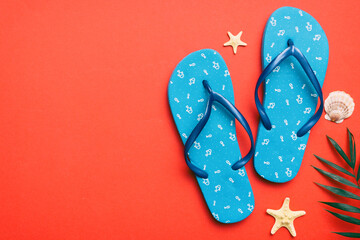 Flat lay composition with flip flops and seashell on colored background. Space for text top view