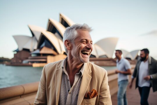 Lifestyle Portrait Photography Of A Tender Man In His 50s That Is Smiling With Friends At The Sydney Opera House In Sydney Australia . Generative AI