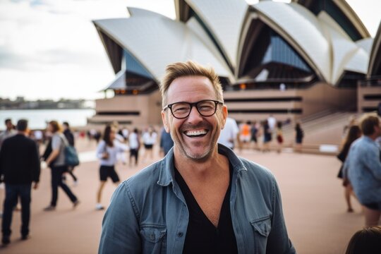 Medium shot portrait photography of a grinning man in his 40s that is smiling with friends at the Sydney Opera House in Sydney Australia . Generative AI
