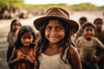 Medium shot portrait photography of a grinning child female that is with the family at the Galápagos Islands Ecuador . Generative AI - obrazy, fototapety, plakaty
