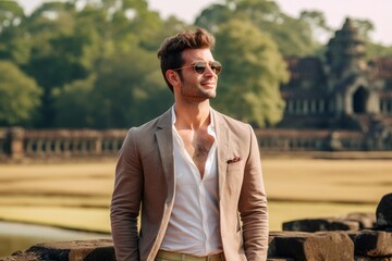 Fototapeta premium Portrait of a handsome young man in sunglasses at the ruins of the ancient temple of Khajuraho in Madhya Pradesh, India