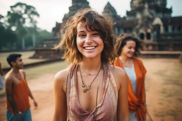 Portrait of smiling young woman with friends in background at ancient temple