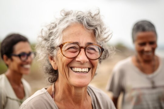 Lifestyle portrait photography of a tender woman in her 50s that is smiling with friends at the Galápagos Islands Ecuador . Generative AI