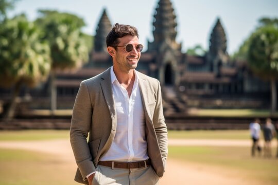 Handsome businessman in front of Angkor Wat temple in Cambodia