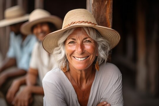 Lifestyle portrait photography of a tender woman in her 50s that is smiling with friends at the Galápagos Islands Ecuador . Generative AI
