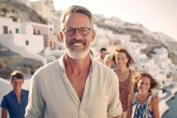 Fototapeta na wymiar Portrait of happy senior man with family on vacation in Santorini