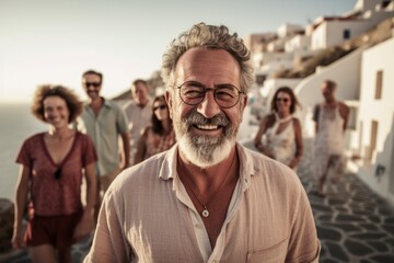 Portrait of a senior man with his family on vacation in Greece