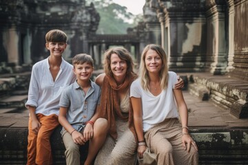 Portrait of happy family in Angkor Wat, Siem Reap, Cambodia