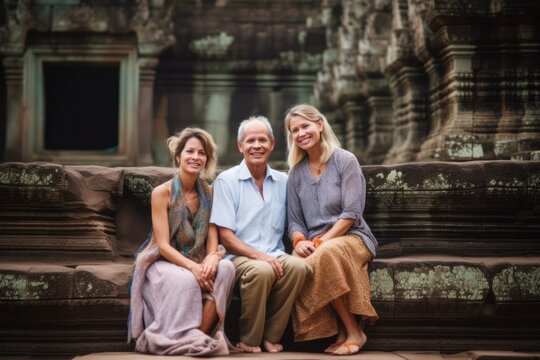 Portrait of happy family sitting in front of Angkor Wat