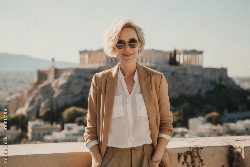 Wall mural beautiful blonde woman in sunglasses and beige jacket on the background of the acropolis in athens, 