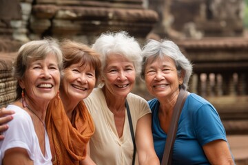 Naklejka premium Group of happy senior Asian women smiling and looking at camera in front of Angkor Wat, Siem Reap, Cambodia