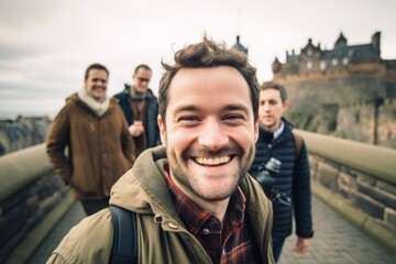 Portrait of a smiling young man with friends in the background.