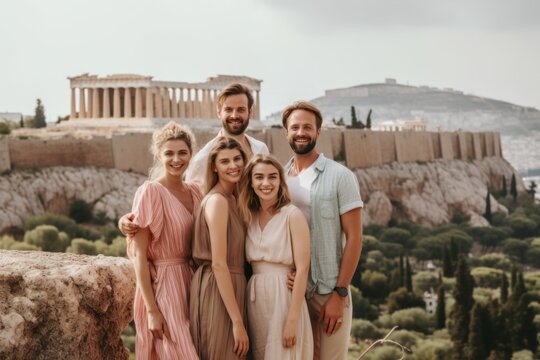 Group of friends standing on top of the Acropolis in Athens, Greece