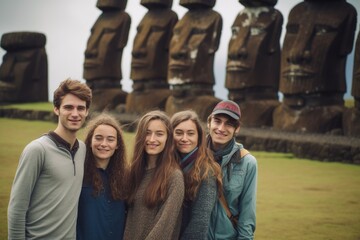 Group portrait photography of a grinning woman in her 20s that is with the family at the Moai Statues of Easter Island Chile . Generative AI