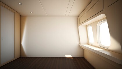 empty beige airplane interior with a window and sunlight