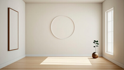 beige and soft tone like japan style room with circle frame and plants with wooden floor