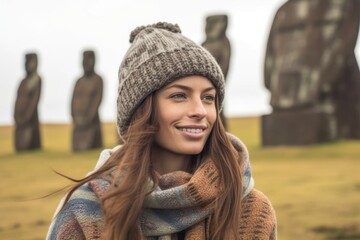 Lifestyle portrait photography of a grinning woman in her 30s that is wearing a cozy sweater at the Moai Statues of Easter Island Chile . Generative AI