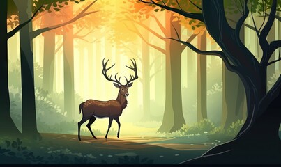 a deer standing in the middle of a forest with trees and sun shining through the trees behind it and a path leading to the forest.  generative ai