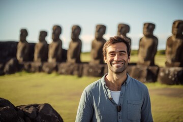 Lifestyle portrait photography of a tender man in his 30s that is smiling with friends at the Moai Statues of Easter Island Chile . Generative AI